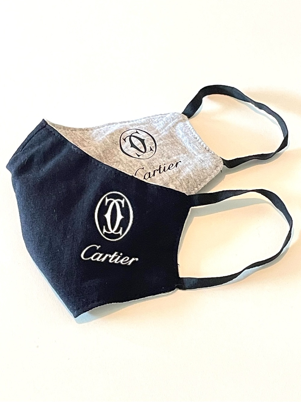 Authentic Cartier Reversible Black/ Heather Gray Print Logo Cotton Face Mask NEW